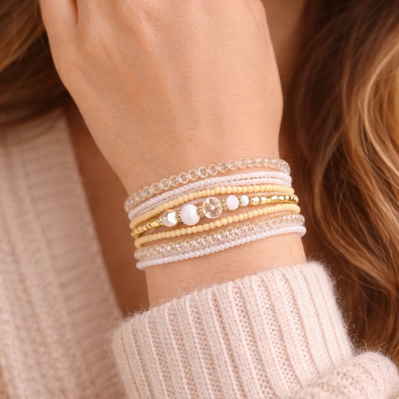 Disco Lemon Jewelry - Gold Ivory Bracelet Stack Set Beaded Crystal‎ Pearl Stretch Boho